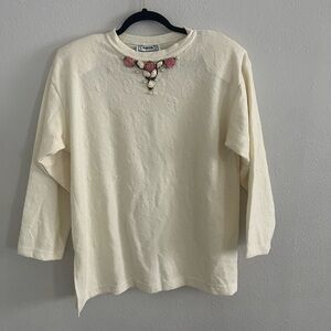 Vintage Basil Woman Long Sleeve Floral Embroidered 100% Cotton Sweater, Size L